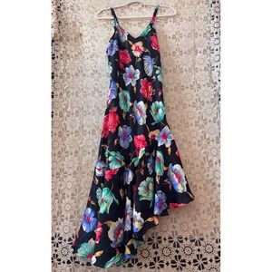 Victorias Secret Gold Label Vintage Floral Slip Dress Ruffle High Low Black M